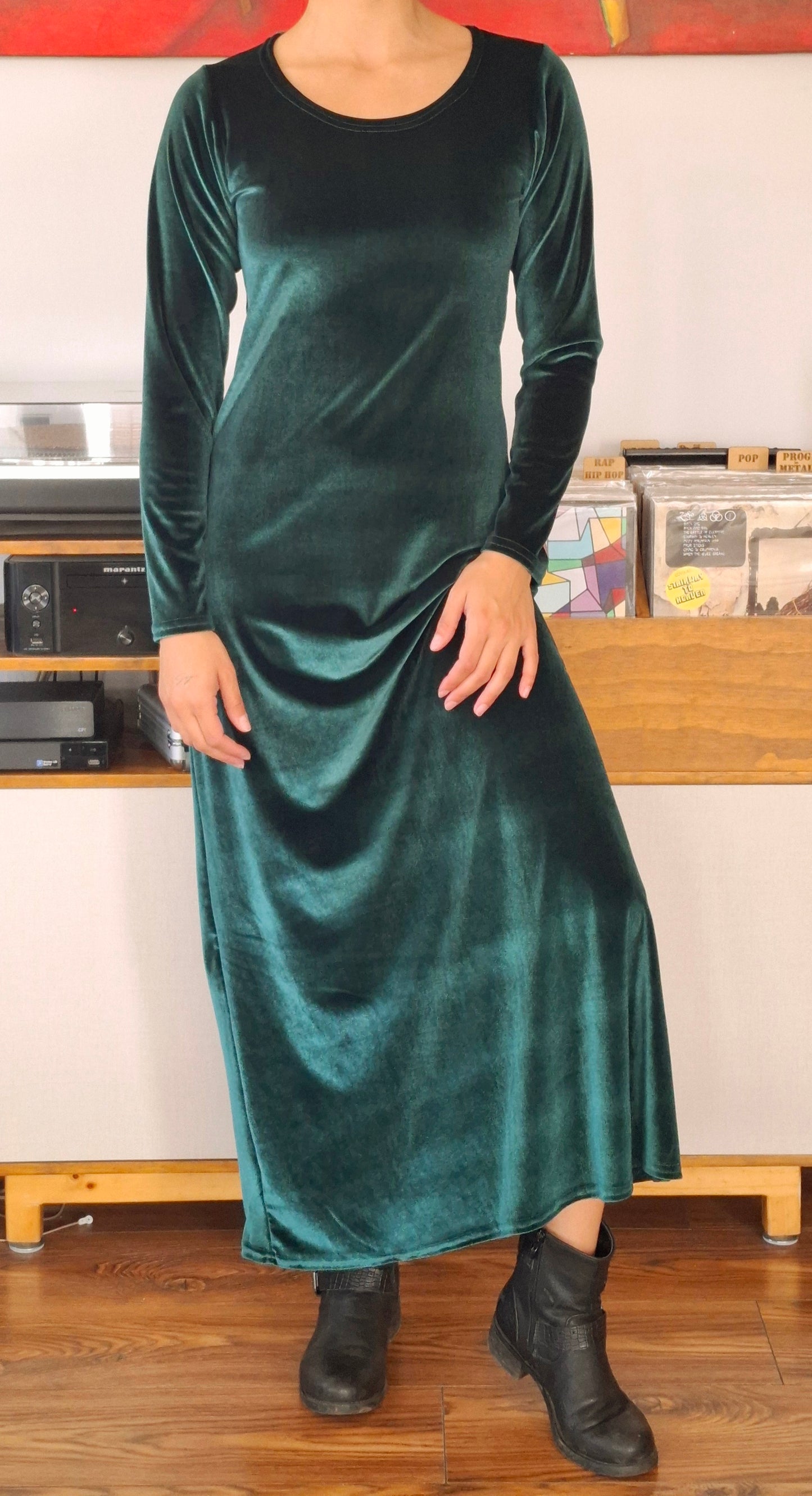 MAXIVESTIDO  TERCIOPELO VERDE BOTELLA