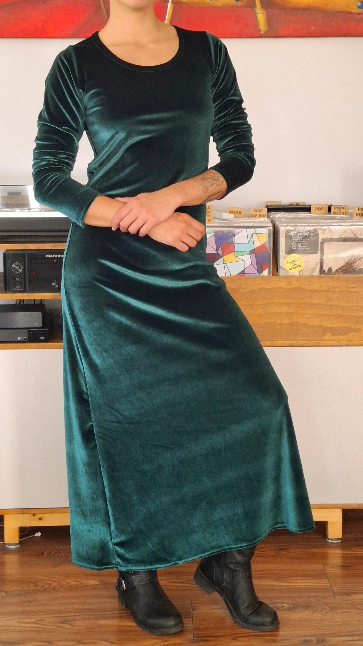 MAXIVESTIDO  TERCIOPELO VERDE BOTELLA