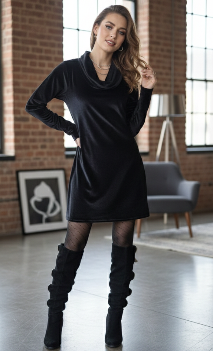 VESTIDO TERCIOPELO NEGRO CUELLO TORTUGA