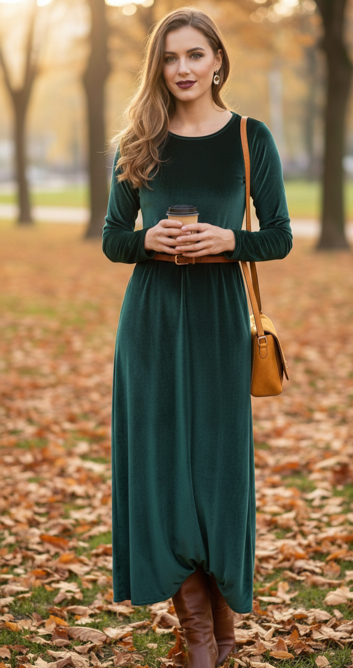 MAXIVESTIDO  TERCIOPELO VERDE BOTELLA