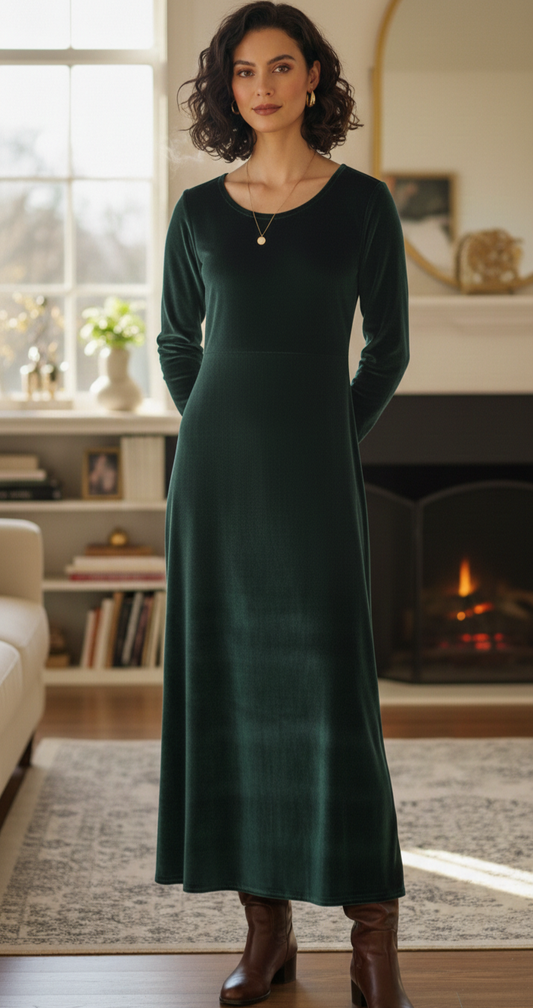 MAXIVESTIDO  TERCIOPELO VERDE BOTELLA