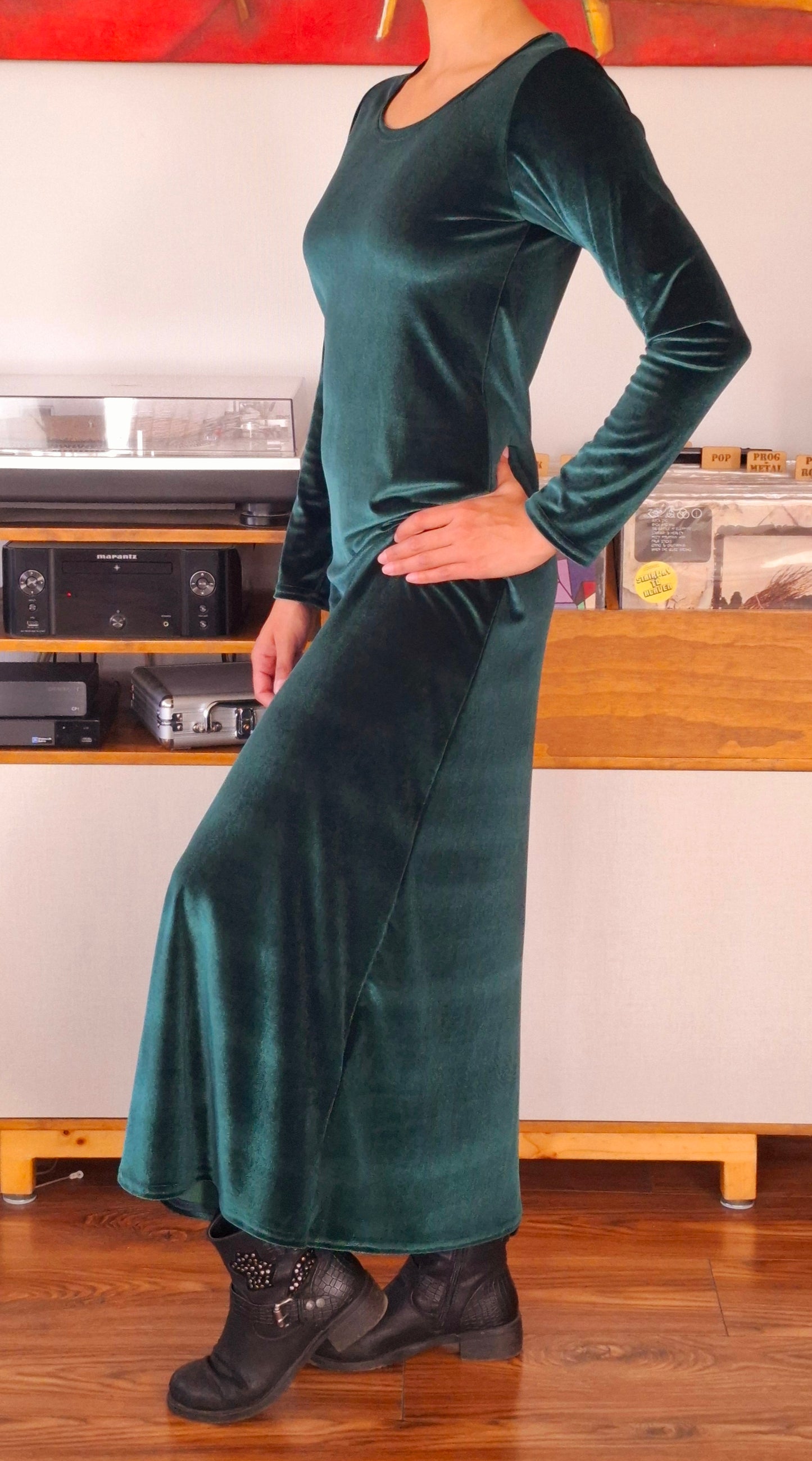 MAXIVESTIDO  TERCIOPELO VERDE BOTELLA