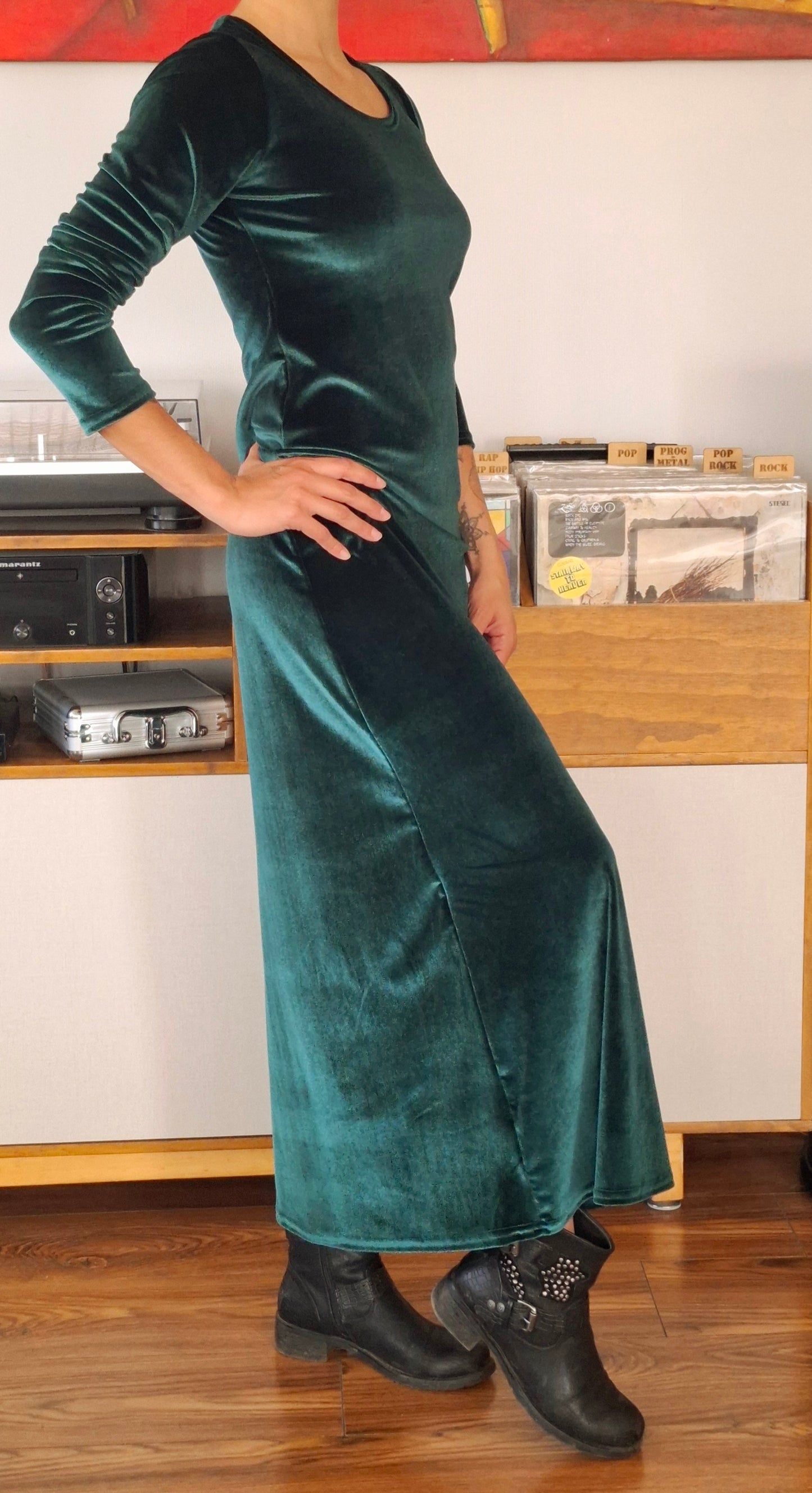 MAXIVESTIDO  TERCIOPELO VERDE BOTELLA